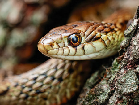 A vivid macro shot captures a serpent's intricate, scale-rich skin and piercing eye, as it muscularly moves alongside a rugged tree bark in its wild environment.の写真素材