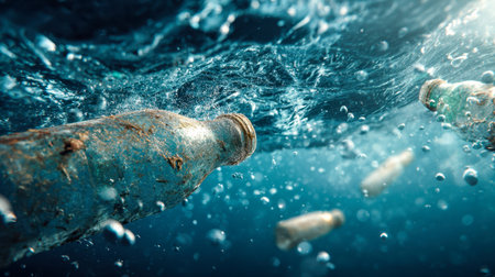 A haunting underwater scene featuring discolored glass containers and scattered trash, highlighting the impact of human neglect on aquatic habitats and the decline oの写真素材