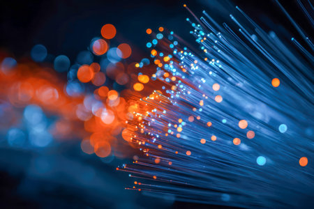 Intricate strands of luminous wiring intertwine, casting energetic blue and orange pulses that evoke...