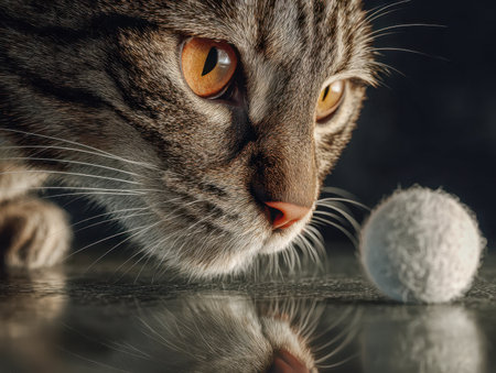 A sleek tabby feline with detailed fur patterns gazes sharply at a plush white orb, its vibrant amber eyes reflecting curiosity on a shiny surface illuminated by genの写真素材