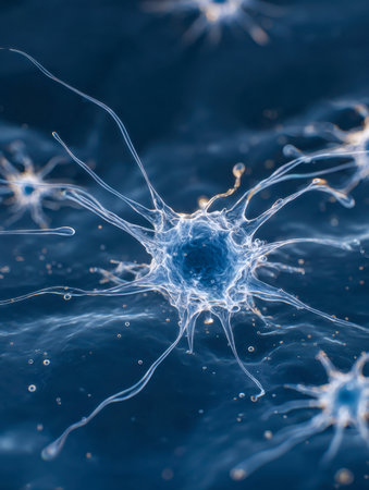 A detailed depiction of a neural network, showing intricate branch-like extensions in a cool blue microscopic setting, highlighting signal transmission at cellulaの写真素材