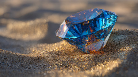 A luminous azure jewel with complex textures lies on shimmering gold grains, bathed in gentle daylight, symbolizing nature's hidden riches and elegant allure.の写真素材