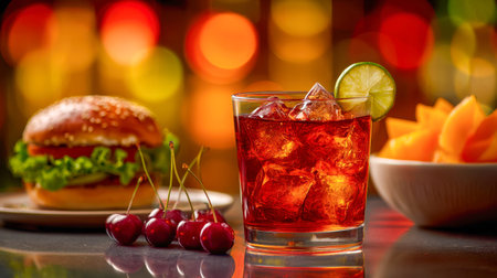 A cool, ruby-hued drink topped with a lime wedge, nestled among ripe cherries, a juicy burger, and a...