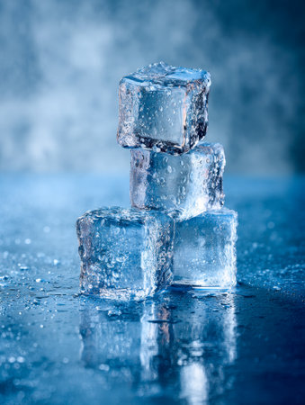 A striking arrangement of four glistening ice blocks layered atop one another, their textured surfaces shimmering on a mirror-like plane amid tiny water beads, evokiの写真素材