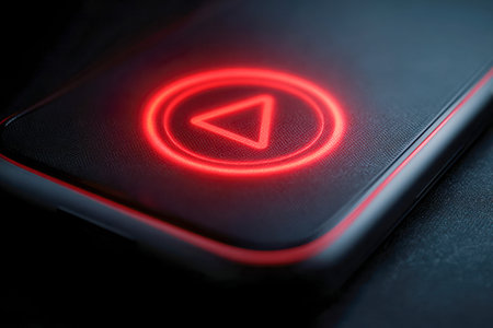 A vibrant crimson triangle pulses softly on an elegant black gadget, set against a shadowy...