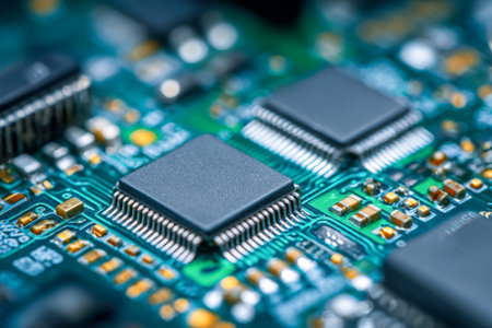 Tiny metallic elements and complex pathways adorn a bright green substrate, revealing detailed electronic architecture essential for modern computing technology.の写真素材