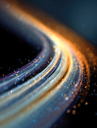 Vibrant streaks of warm gold and cool blue weave into a mesmerizing whirlwind, accented by shimmering bokeh dots on a deep, dark backdrop.の写真素材