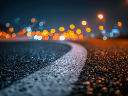 A close-up of a winding street illuminated by dim streetlights, with shimmering cityscape in the distance, softly blurred to evoke a cozy, nocturnal city vibe.の写真素材