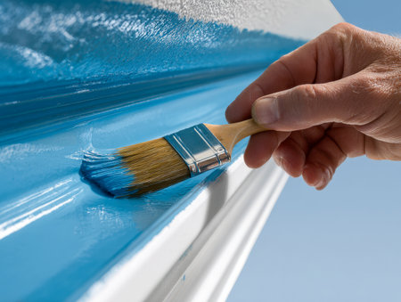 A skilled hand delicately coats the house?s edge with vibrant blue, brightening the exterior against a crisp sky and radiating summertime freshness.の写真素材