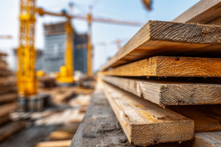 A rough arrangement of timber lies on a bustling city construction zone, where towering yellow cranes maneuver around an emerging urban skyscraper amidst a vibrant bの写真素材