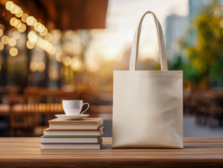 A simple beige tote rests on a wooden surface, adjacent to books and a coffee cup, with gentle outdoor lights creating a cozy, sunlit ambiance.の写真素材