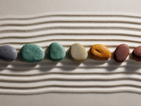 Vibrant stones aligned meticulously on fine, patterned sand evoke serenity and harmony, capturing the essence of mindfulness and Zen-inspired calmness.の写真素材