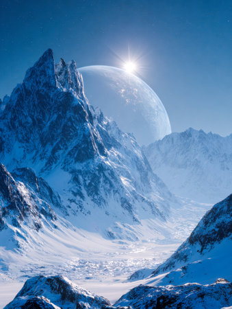 Dawn breaks over jagged icy summits, illuminated by a luminous planet emerging behind the frosty terrain, under a crisp, star-studded celestial vault.の写真素材
