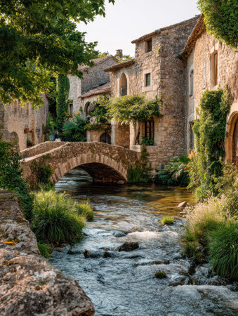 Quaint village scene featuring weathered stone buildings, an ancient arch bridge spanning a gentle stream, all embraced by vibrant foliage under gentle sunlight.の写真素材