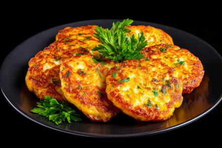 Crunchy vegetable patties infused with golden hints, topped with vibrant parsley, presented on a...