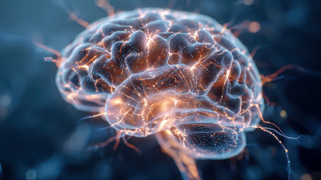 A vibrant, luminous depiction of the human mind?s intricate network, highlighting electrical signals that symbolize mental clarity, learning, and innovation.の写真素材