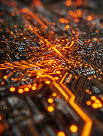 A detailed view of vibrant orange-lit traces on an innovative electronic circuit, illustrating cutting-edge innovation and seamless digital connections.の写真素材