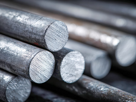 Reflective metallic cylinders are densely arranged, highlighting intricate circular cross sections and shimmering surfaces in a bustling warehouse environment.の写真素材