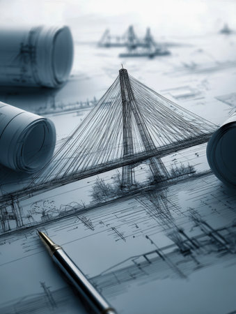 A precise engineering drawing of a sleek, contemporary bridge design, featuring rolled plans and a pen, embodying innovative infrastructure and city development strategyの写真素材