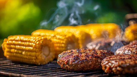Freshly grilled burger patties and vibrant corn on the cob crackle over open flames, with wisps of smoke drifting upward in a bright summer outdoor celebration.の写真素材
