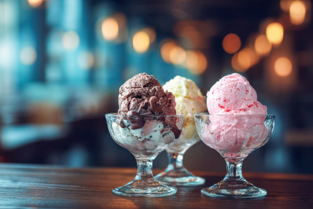 Colorful, luscious ice cream scoops sit invitingly in elegant glass bowls, set against a warm, softly illuminated backdrop that evokes comfort and indulgence.の写真素材