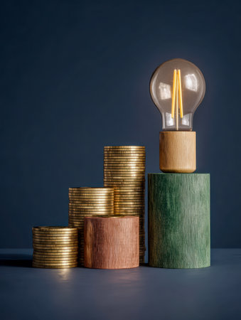 Vibrant golden coins ascend in a chart-like pattern beside an illuminated bulb on a rustic wood stand, representing bright financial insights and upward progress againstの写真素材