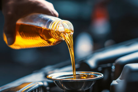 A detailed view of golden engine oil flowing into a funnel during routine car service, highlighting the sleek bottle and intricate engine parts behind.の写真素材