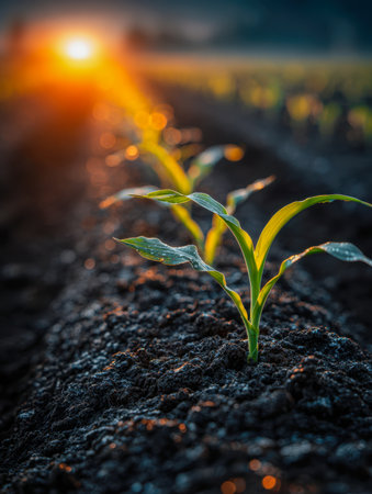 Vibrant young corn sprouts reach upward in lush, fertile earth as golden morning rays cast a gentle glow over a peaceful, freshly cultivated field at dawn.の写真素材