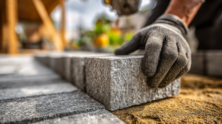 A skilled laborer meticulously arranges stone blocks on a sandy surface, donning safety gloves, with a blurred natural environment behind, highlighting craftsmanship andの写真素材