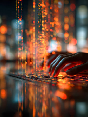 A person's hands navigate a laptop at night, immersed in vibrant orange data flows symbolizing digital security and cutting-edge tech innovation.の写真素材