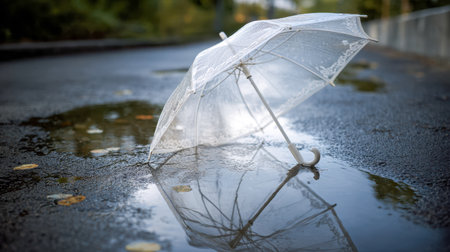 A fragile glass-like umbrella rests open on slick pavement, its reflection shimmering in a rain-filled pool amidst autumn leaves and gentle sunlight tones.の写真素材
