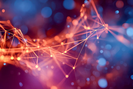 A vibrant orange web of illuminated points and connecting lines radiates across a softly blurred blue and purple backdrop, illustrating dynamic digital networks andの写真素材