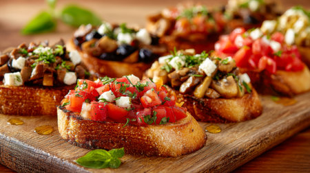 A vibrant assortment of crispy toasted breads adorned with ripe tomatoes, fragrant herbs, earthy mushrooms, and melted cheese, inviting warmth in a charming, rustic ambiaの写真素材