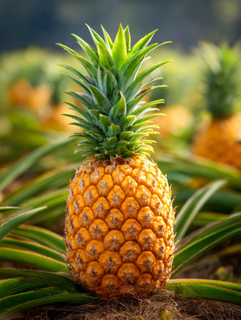 Vibrant sunlit plantation showcasing lush, pointed foliage surrounding golden-hued fruits with textured skins, ripe and perfect for a fresh, natural harvest.の写真素材