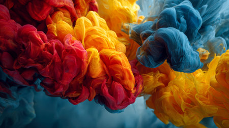 An energetic underwater display of vivid ink waves in vivid blue, fiery red, and bright yellow blending seamlessly, forming a mesmerizing, textured abstract scene fuの写真素材