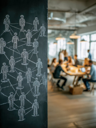 A vibrant office scene featuring a multicultural team brainstorming around a chalkboard, emphasizing collaboration and shared ideas in a contemporary workspace.の写真素材