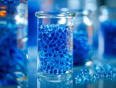 Bright blue silica gel beads cascade within clear glass jars, illuminated gently to highlight their smooth texture and vivid hue against shimmering surfaces.の写真素材