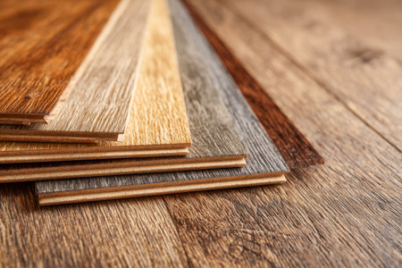 An assortment of wooden laminate samples in diverse tones and finishes laid out on a weathered wooden table, inspiring creative interior updates and flooring choicesの写真素材