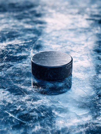 A sleek black puck lies on a rugged, frost-covered ice rink, illuminated by icy blue tones that evoke the thrill and fierce energy of winter hockey battles.の写真素材