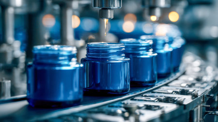 Precision machinery systematically dispenses liquid into cobalt-hued bottles, showcasing advanced technology in a sleek, sterile pharmaceutical assembly setting.の写真素材