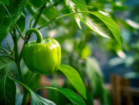 A lush garden scene featuring a ripe, verdant bell pepper amid an array of lively foliage, illuminated softly for a fresh and natural atmosphere.の写真素材