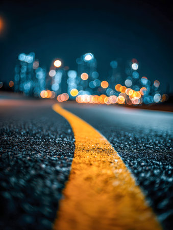 A quiet, darkened road stretches into the distance, its vivid yellow stripe guiding the eye toward a vibrant city skyline sparkling with multicolored lights.の写真素材