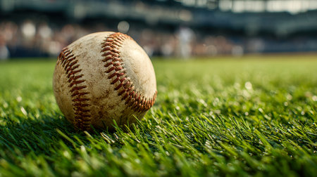 An aged baseball lies on lush, sun-drenched turf, with energetic players in motion softly blurred behind, capturing the spirit of outdoor sport and nostalgia.の写真素材