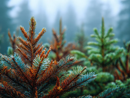 Lush pine branches display a striking blend of lively green and warm orange hues amid a gentle mist, evoking calmness and the peaceful transition of seasons in naturの写真素材