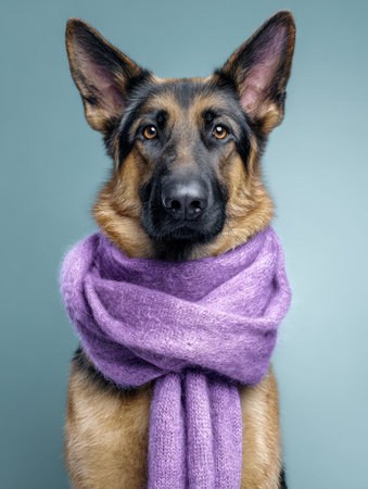 A noble German shepherd relaxes with a snug purple knit around its neck, set against a gentle pastel blue backdrop in a polished studio portrait.の写真素材