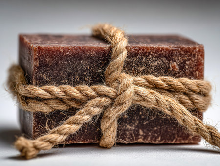 A rugged, artisanal soap crafted from natural ingredients, secured with thick jute twine, showcasing eco-conscious packaging amidst a softly blurred background.の写真素材