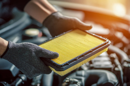 A pair of gloved hands carefully grip a pristine car filter, illuminated by vibrant workshop lights, poised for seamless integration during routine vehicle servicing.の写真素材