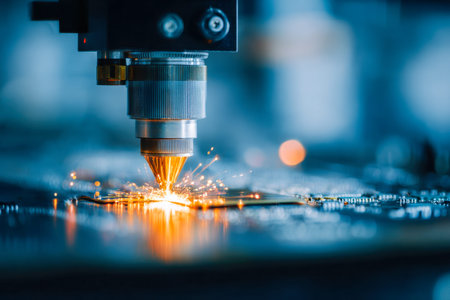 A sleek, advanced laser apparatus emits a fiery burst as it meticulously shapes metallic parts,...