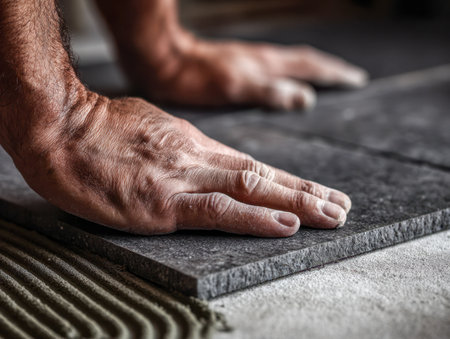 An experienced craftsman precisely positions sizable stone slabs onto sticky adhesive, ensuring a sturdy, long-lasting surface in a busy renovation setting.の写真素材