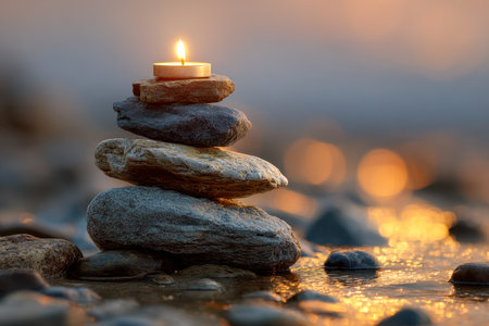 Tranquil scene featuring carefully stacked stones with a gentle flicker of candlelight, casting a cozy glow on calm waters as dusk settles over the shoreline.の写真素材